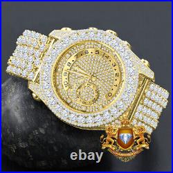 Men's Fully Custom Luxury Bling Watch Solitaire Bezel 9 Row Band Gold Tone 47mm