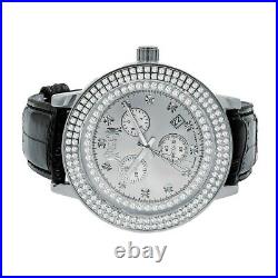 Men's Genuine Diamond White Tone Black Leather Band Watch Analog Water Resistant