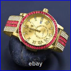 Men's Genuine Diamond Yellow Gold Finish Baguette Hot Pink Custom Luxury Watch