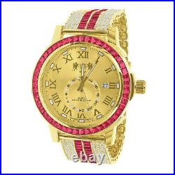 Men's Genuine Diamond Yellow Gold Finish Baguette Hot Pink Custom Luxury Watch