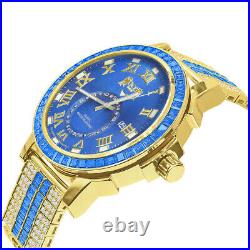 Men's Genuine Diamond Yellow Gold Tone Baguette Blue Sapphire Dial Custom Watch