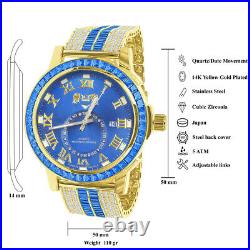 Men's Genuine Diamond Yellow Gold Tone Baguette Blue Sapphire Dial Custom Watch