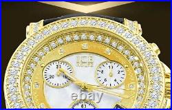 Men's Real Diamond Solitaire Dial Gold Tone Leather Band Ice House Watch With Date