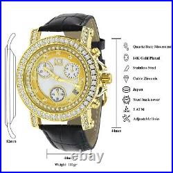 Men's Real Diamond Solitaire Dial Gold Tone Leather Band Ice House Watch With Date