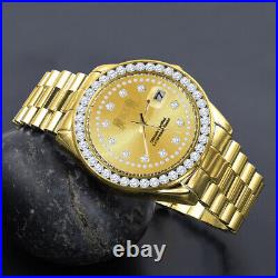 Men's Yellow Gold Finish Full Solid Steel Solitaire Simulated Diamond 41mm Watch