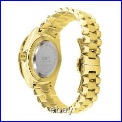 Men's Yellow Gold Finish Full Solid Steel Solitaire Simulated Diamond 41mm Watch
