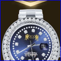 Mens Blue Dial Full Steel Solitaire White Gold Tone Simulated Diamond 41mm Watch