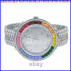 Mens Custom Watch Rainbow Multi Tone Real Diamond Dial 18k White Gold Finish XXL