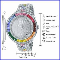 Mens Custom Watch Rainbow Multi Tone Real Diamond Dial 18k White Gold Finish XXL