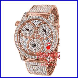 Mens Fully Rose Gold Tone 3 Time zones Lab Diamonds Custom Band Watch