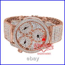 Mens Fully Rose Gold Tone 3 Time zones Lab Diamonds Custom Band Watch