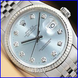 Mens Rolex Datejust Ice Blue Diamond Quickset Watch + Rolex 18k White Gold Bezel