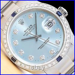 Mens Rolex Datejust Ice Blue Diamond Sapphire 18k White Gold Steel Watch