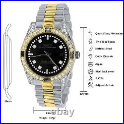 Mens Solid Steel 2 Tone Gold Black Dial Simulated Diamonds President Watch 40mm