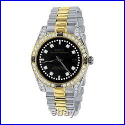 Mens Solid Steel 2 Tone Gold Black Dial Simulated Diamonds President Watch 40mm