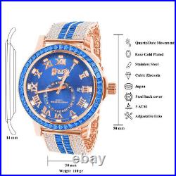 New Icy Blue Baguette Rose Gold Tone Blue Face Dial Custom Band Luxury Watch