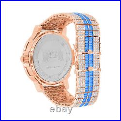 New Icy Blue Baguette Rose Gold Tone Blue Face Dial Custom Band Luxury Watch