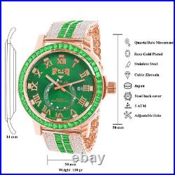 New Icy Green Baguette Rose Gold Tone Green Face Dial Custom Band Luxury Watch