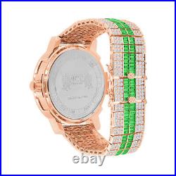 New Icy Green Baguette Rose Gold Tone Green Face Dial Custom Band Luxury Watch