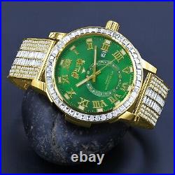 New Icy Yellow Gold Tone White Baguette Green Face Dial Custom Band Luxury Watch