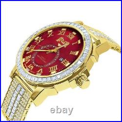 New Icy Yellow Gold Tone White Baguette Red Face Dial Custom Band Luxury Watch
