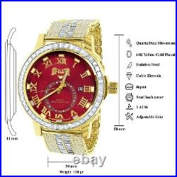 New Icy Yellow Gold Tone White Baguette Red Face Dial Custom Band Luxury Watch