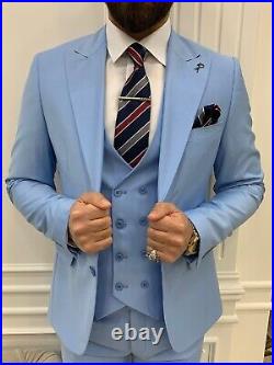 PAREZ Men's Slim Fit Italian Style Ice Blue Suit 3-piece Jacket Vest Pants