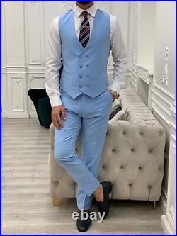 PAREZ Men's Slim Fit Italian Style Ice Blue Suit 3-piece Jacket Vest Pants