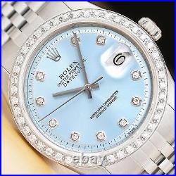 ROLEX MENS DATEJUST ICE BLUE DIAL 18K GOLD STEEL DIAMOND WATCH with JUBILEE BAND
