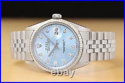ROLEX MENS DATEJUST ICE BLUE DIAMOND DIAL 18K GOLD STEEL WATCH with FOLDED BAND