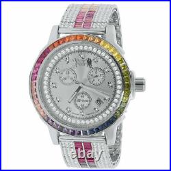 Rainbow Multi Tone White Gold Steel Baguette Solitaire Bezel Band Diamond Watch