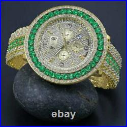 Real Diamond Dial Men's Custom Watch Emerald Green 18K Yellow Gold Finish WithDate