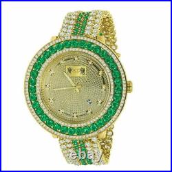 Real Diamond Dial Mens Custom Watch Emerald Green 18K Yellow Gold Finish WithDate