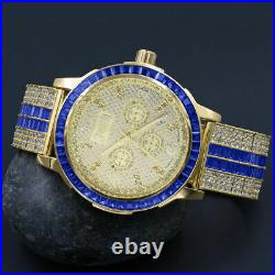 Real Diamond Dial Stainless Steel Baguette Bezel Sapphire Blue Gold Tone Watch