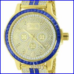 Real Diamond Dial Stainless Steel Baguette Bezel Sapphire Blue Gold Tone Watch
