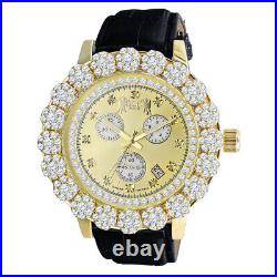 Real Diamonds Dial Genuine Black Leather Strap Watch Gold Finish IceHouse WithDate
