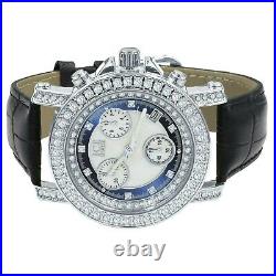 Real Diamonds Solitaire Blue & White Dial White Tone Leather Band Watch With Date