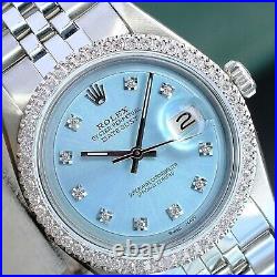 Rolex Datejust Stainless Steel Mens Watch Ice Blue Dial Diamond Bezel 36mm 1601