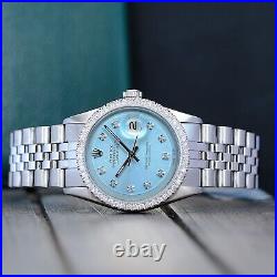 Rolex Datejust Stainless Steel Mens Watch Ice Blue Dial Diamond Bezel 36mm 1601