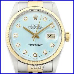 Rolex Mens Datejust 16013 18K Gold SS Ice Blue Diamond Dial Watch with Rolex Band