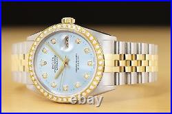 Rolex Mens Datejust 16013 Ice Blue 18k Yellow Gold Steel 2-tone Diamond Watch
