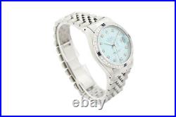 Rolex Mens Datejust 16014 18K White Gold Steel Ice Blue Diamond Sapphire Watch