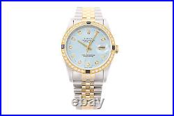 Rolex Mens Datejust 16233 18K Gold & Steel Ice Blue Dial Diamond Sapphire Watch