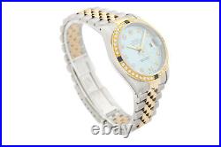 Rolex Mens Datejust 16233 18K Gold & Steel Ice Blue Dial Diamond Sapphire Watch
