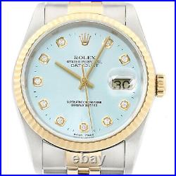 Rolex Mens Datejust 16233 18K Yellow Gold & Steel Ice Blue Diamond Dial Watch