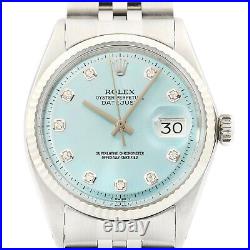 Rolex Mens Datejust 18K White Gold & Stainless Steel Ice Blue Diamond Dial Watch