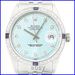 Rolex Mens Datejust 18K White Gold Steel Ice Blue Diamond Sapphire Watch