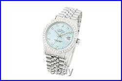 Rolex Mens Datejust 18K White Gold Steel Ice Blue Diamond Watch with Folded Band