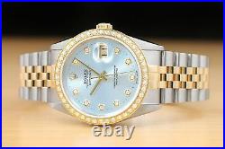 Rolex Mens Datejust 18k Yellow Gold Diamond & Steel Watch 16233 Ice Blue Dial