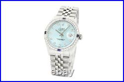 Rolex Mens Datejust Ice Blue Dial 18K White Gold Steel Diamond Sapphire Watch